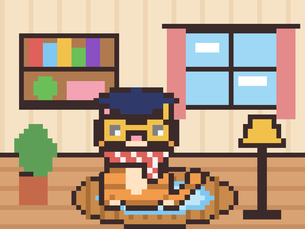 A cat with a graduation cap and glasses in a decorated room